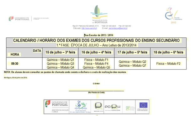 Calendário Exames Profissionais 1ª fase 2014